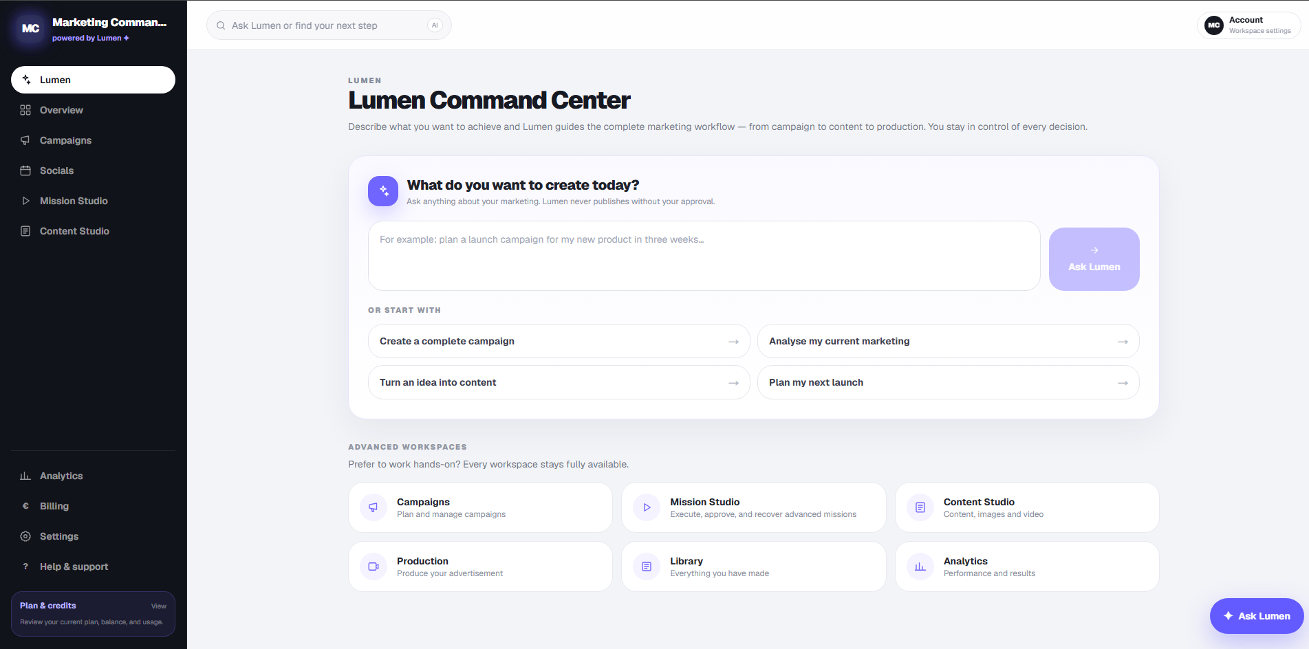 Lumen Command Center in Marketing Commander: a prompt box asking what you want to create today, quick starts such as create a complete campaign or plan my next launch, and the advanced workspaces for campaigns, mission studio, content studio, production, library and analytics.