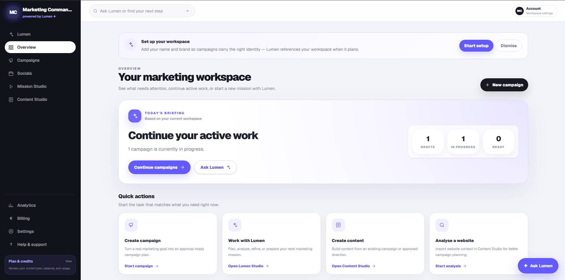 Marketing Commander dashboard: the workspace overview with today's briefing, one campaign in progress, and quick actions to create a campaign, work with Lumen, create content or analyse a website.